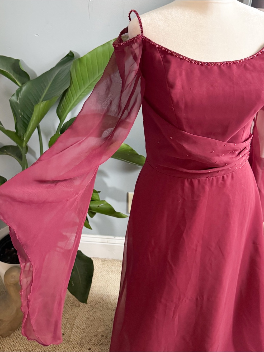 Title: Mori Lee Burgundy Formal Gown Size 11/12 Chiffon Evening Prom Dress - Picture 4 of 13